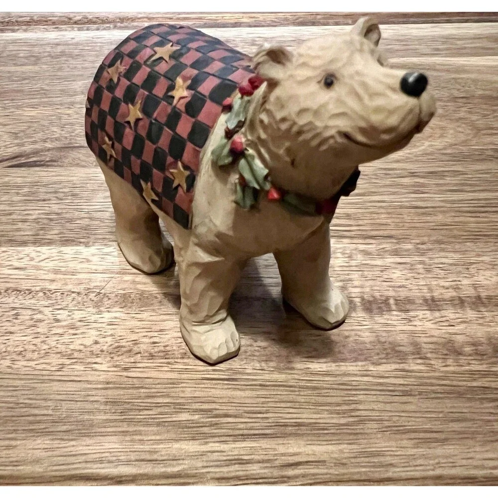 Teresa Kogut Folk Art Checkered Blanket Holy Necklace Christmas Bear Figurine